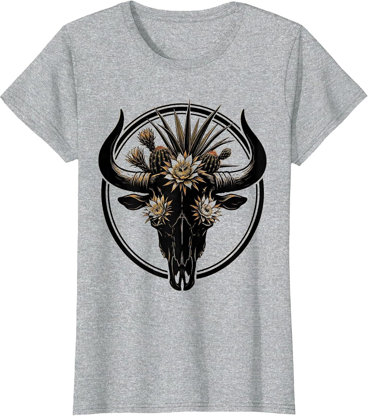 Bull Skull Desert Flowers Boho Western Graphic Tee T-Shirt - Heather Grey