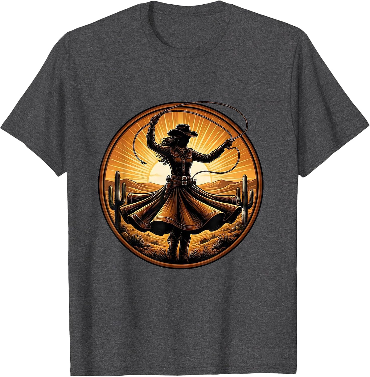 Men's Cowgirl Lasso Sunrise Western Rodeo Graphic T-Shirt - Dark Heather Grey