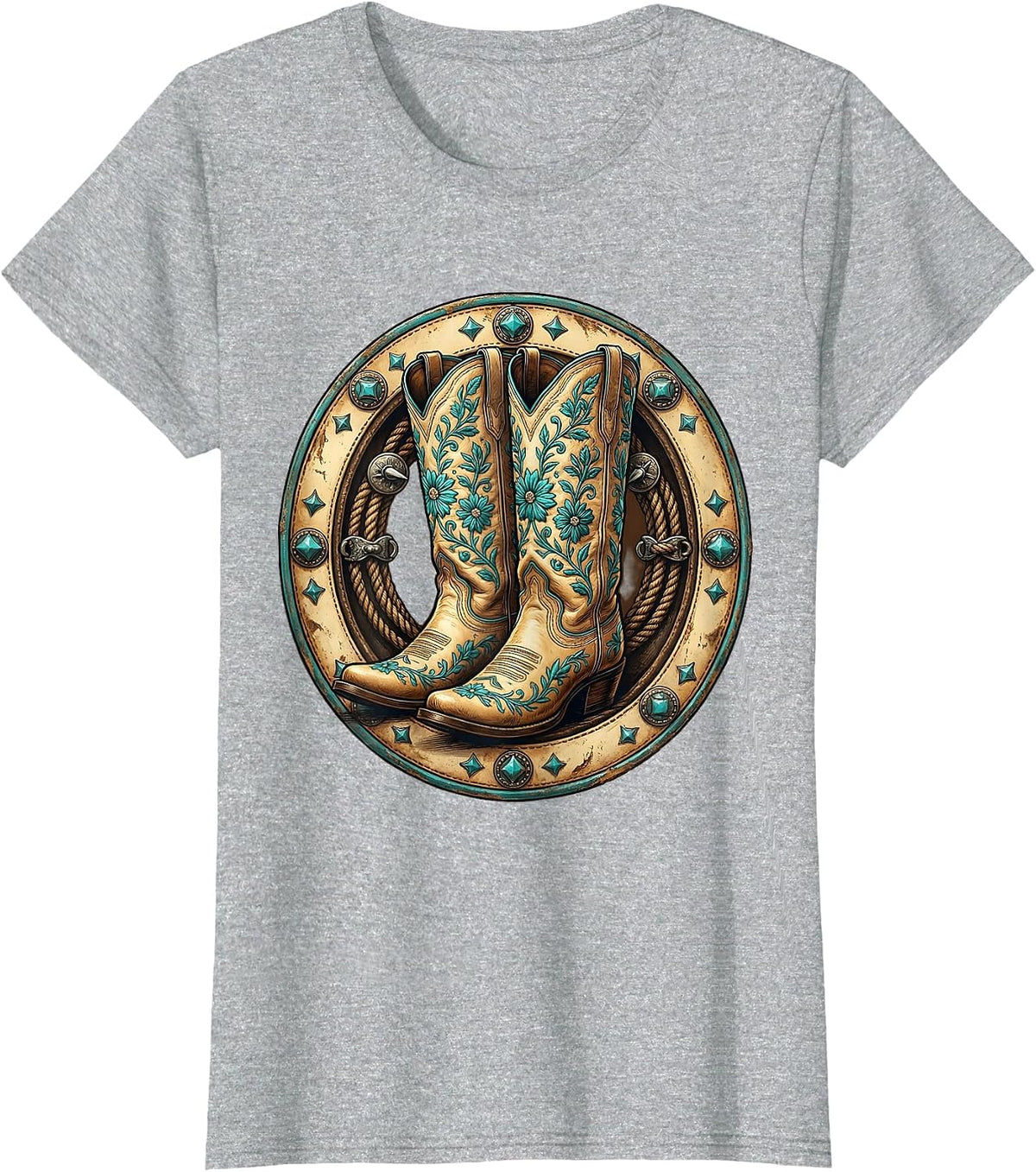 Cowgirl Boots Turquoise Embroidery Western Design T-Shirt - Heather Grey