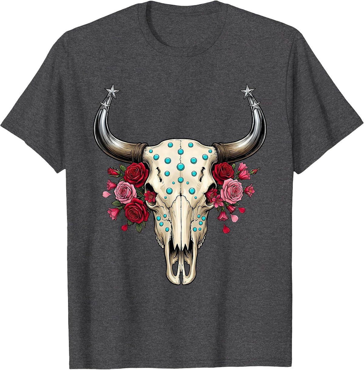 Bull Skull Desert Flowers Western Graphic Tee T-Shirt - Dark Heather Grey