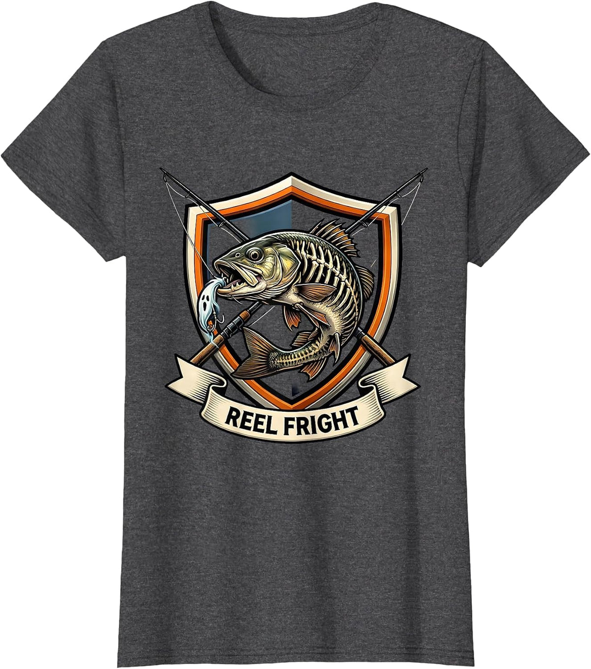 Women's Reel Fright Emblem Halloween Fishing Ghost Trout Men Boys T-Shirt - Dark Heather Grey