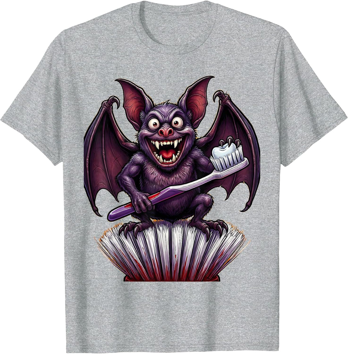 Men's Vampire Bat on Toothbrush Halloween Dental Design T-Shirt - Heather Grey