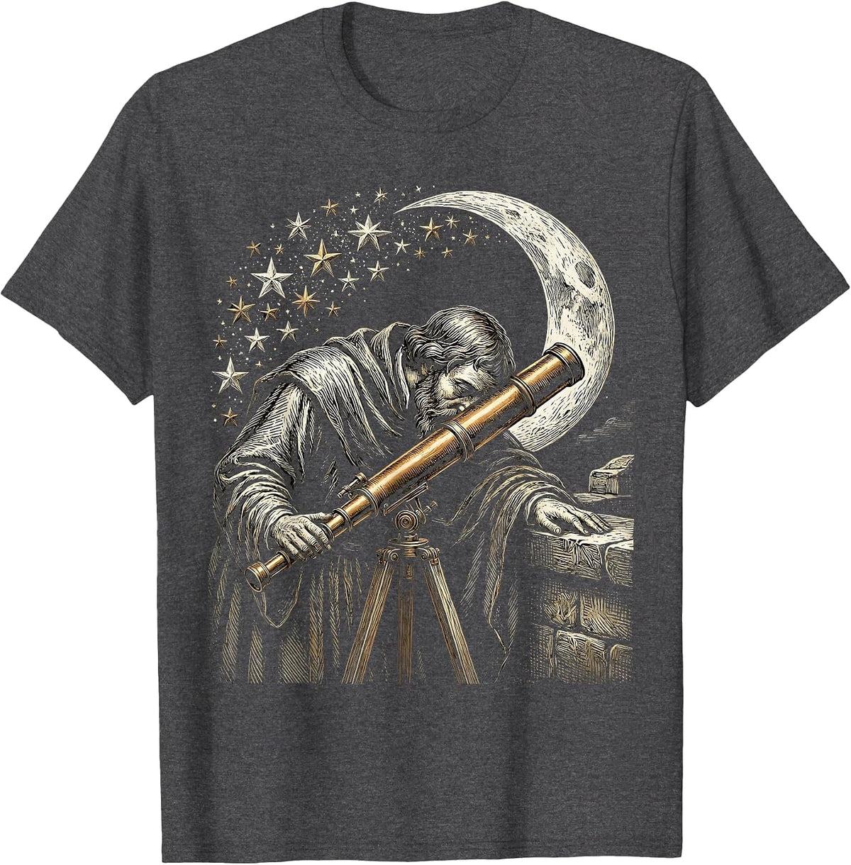 Men's Renaissance Astronomer Brass Telescope Stars Design T-Shirt - Dark Heather Grey