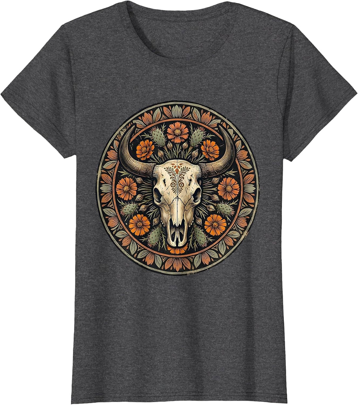 Women's Bull Skull Desert Wildflowers Boho Western Art T-Shirt - Dark Heather Grey