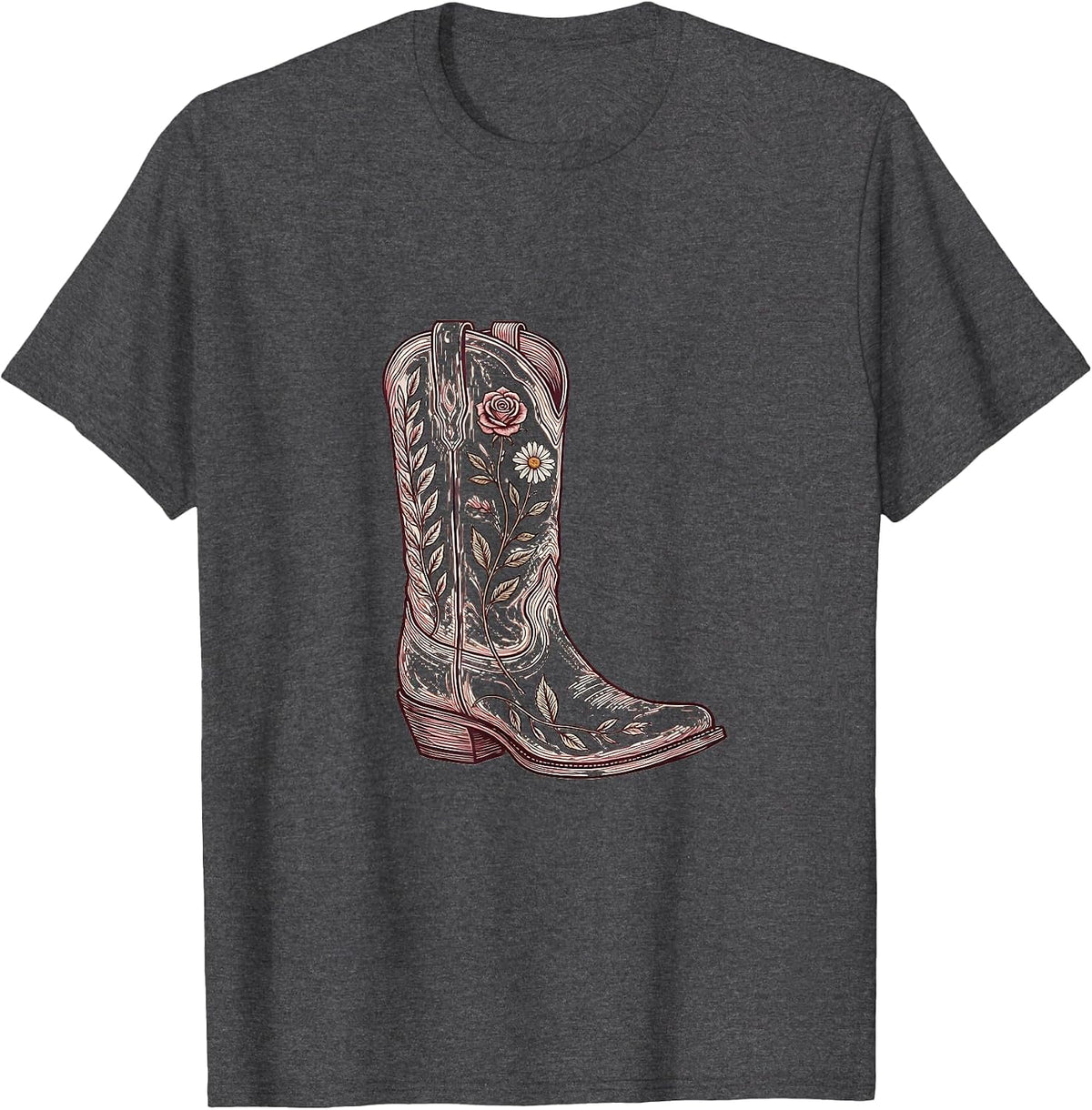 Cowgirl Boots Floral Embroidery Western Design T-Shirt - Dark Heather Grey