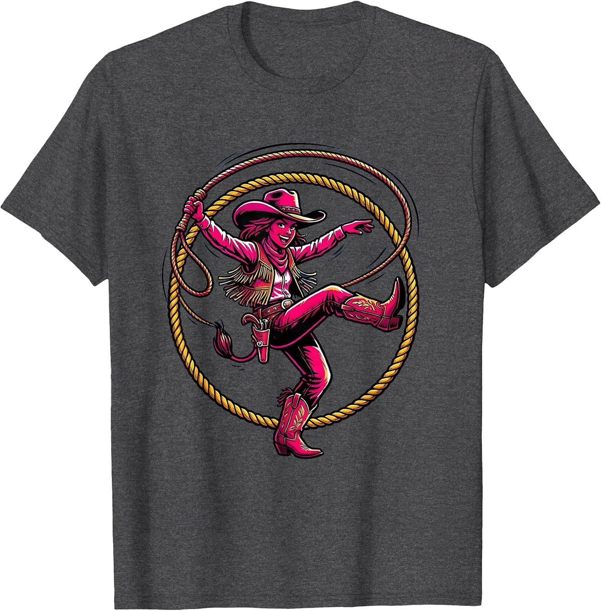 Men's Pink Cowgirl Lasso Twirl Western Rodeo Graphic T-Shirt - Dark Heather Grey