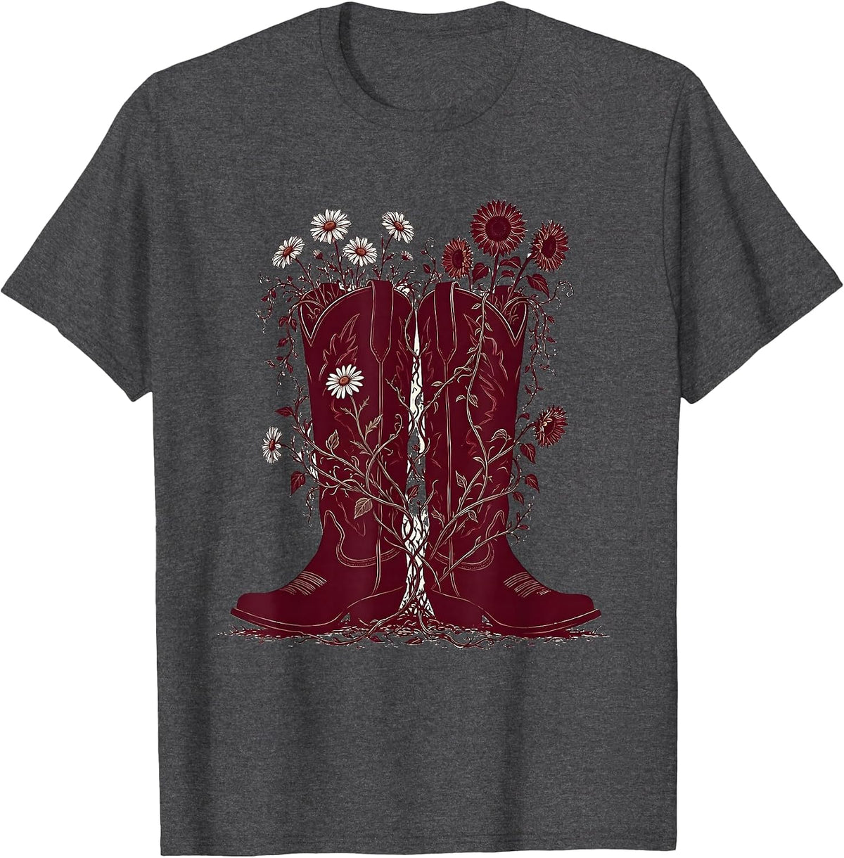 Red Cowboy Boots Wildflower Vines Country Music Art T-Shirt - Dark Heather Grey