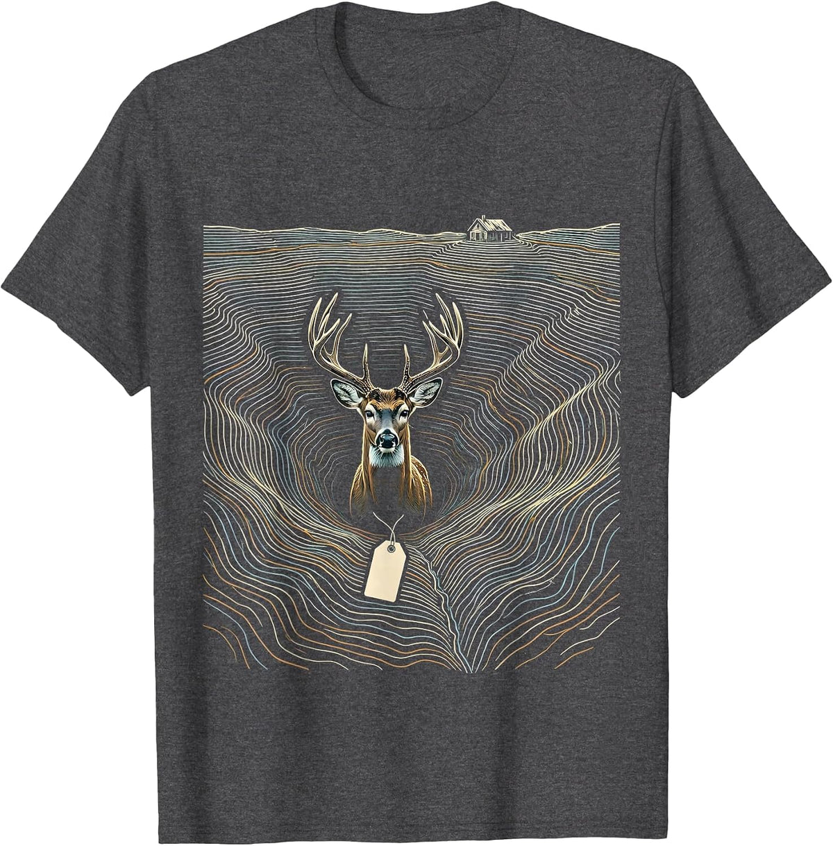 Men's Whitetail Buck Topographic Contour Deer Hunting Dad Humor T-Shirt - Dark Heather Grey