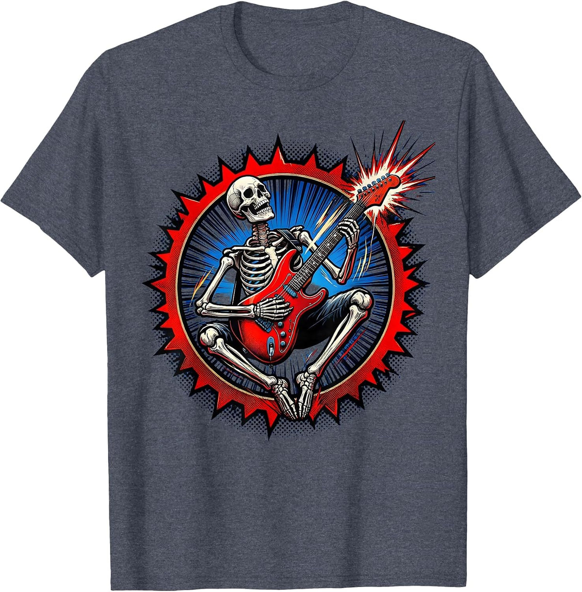 Skeleton Electric Guitar Player Rock Stage Graphic T-Shirt - Heather Blue