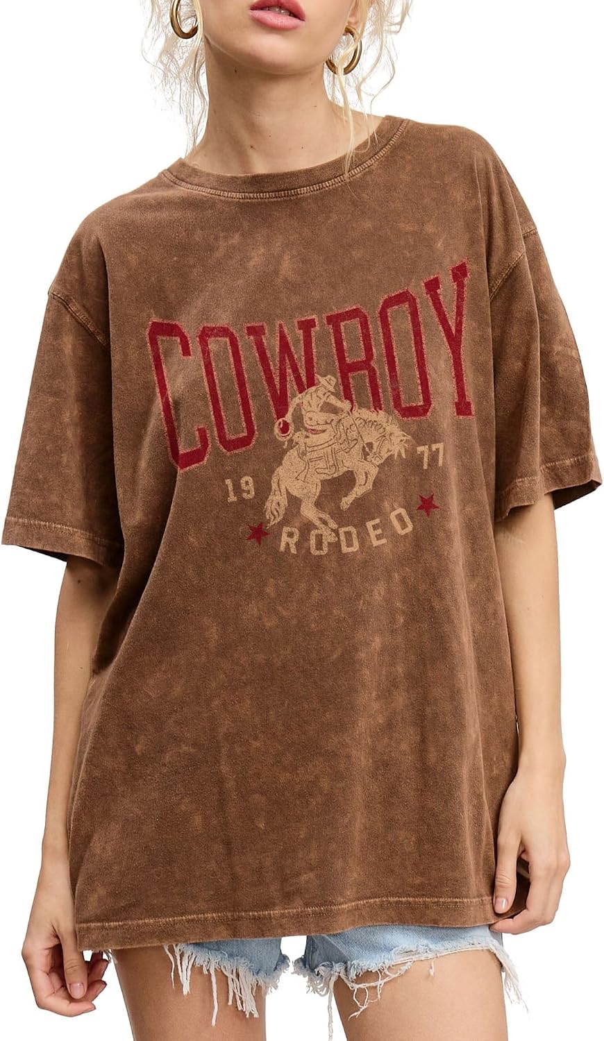 Women's Vintage Graphic Tee, Oversized Fit Mineral Wash T Shirt, Western Boho Casual Top, Country Concert Outfit - Washed