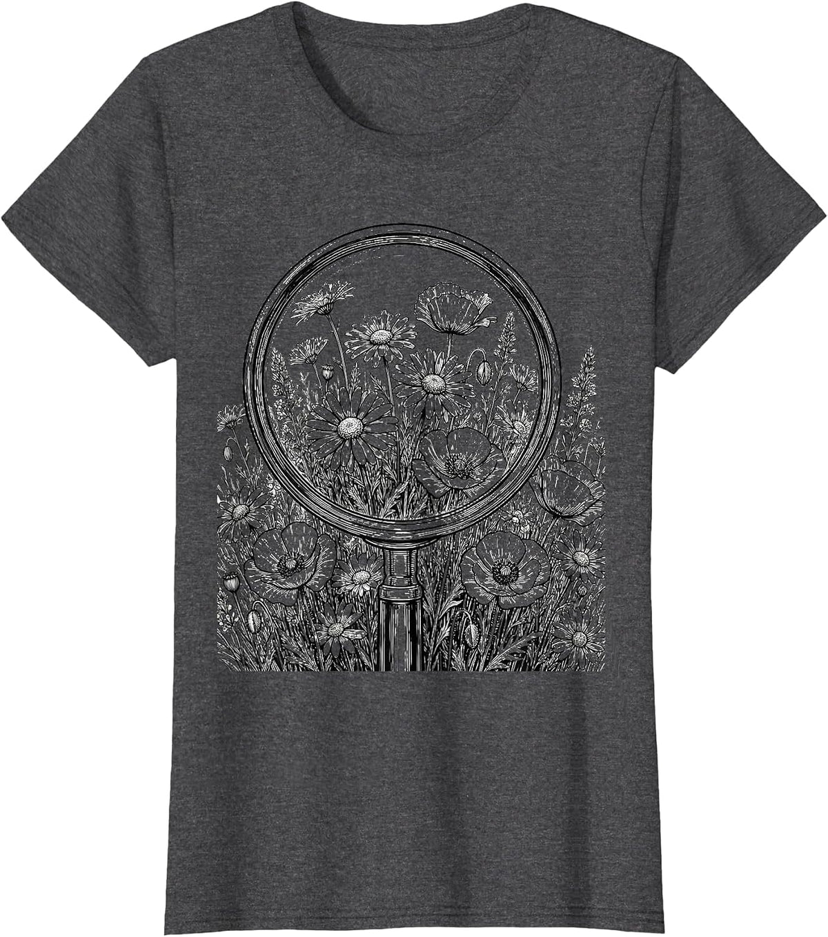 Women's School Counselor Wildflower Magnifying Glass T-Shirt - Dark Heather Grey