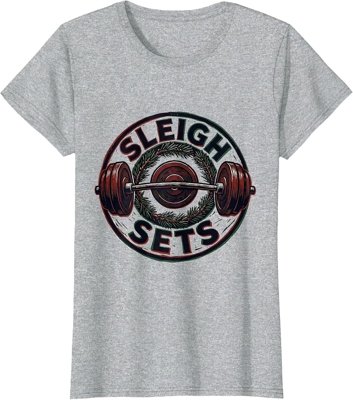 Sleigh Sets Linocut Funny Christmas Gym Weightlifting T-Shirt - Heather Grey