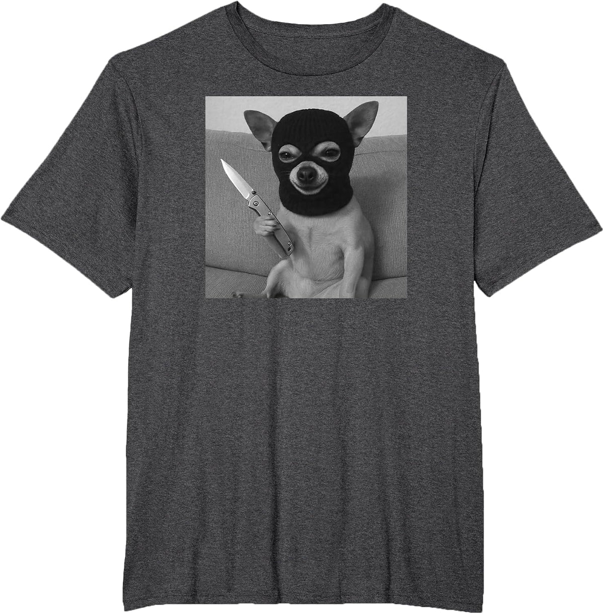 Funny Chihuahua Dog mem Wearing a ski mask Balaclava T-Shirt - Dark Heather Grey
