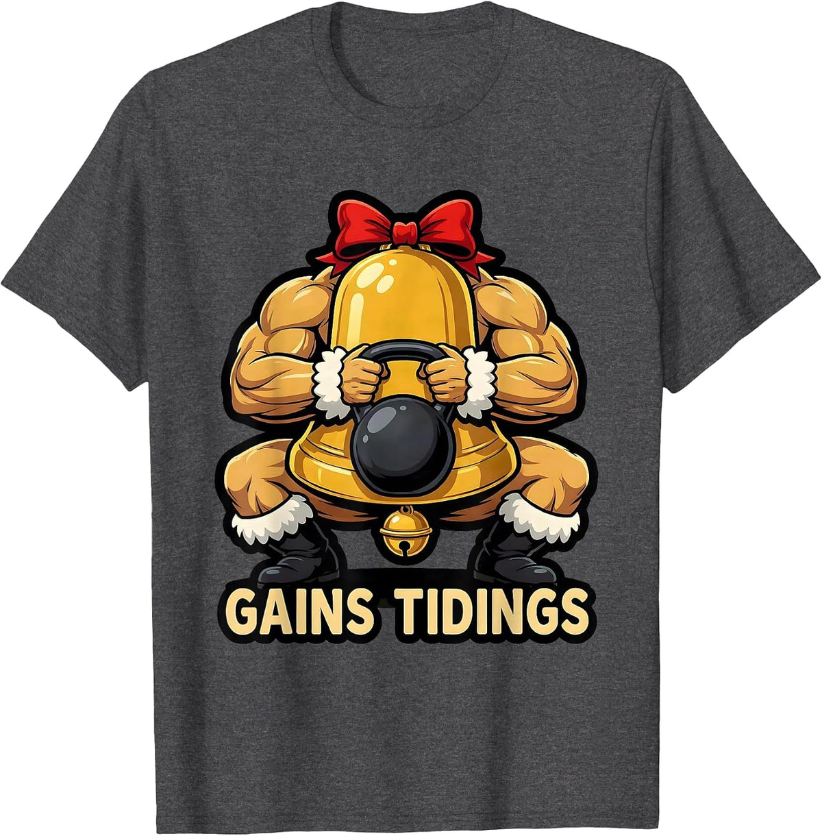 Gains Tidings Bold Cartoon Fitness Christmas Gym Workout T-Shirt - Dark Heather Grey