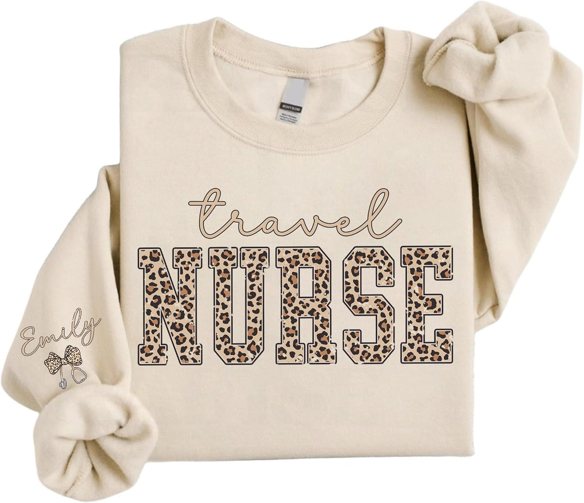 Personalized Nurse Sweatshirt, Custom Leopard Print Comfort Colors Crewneck, Retro Varsity Medical Staff Top - Travel Nurse