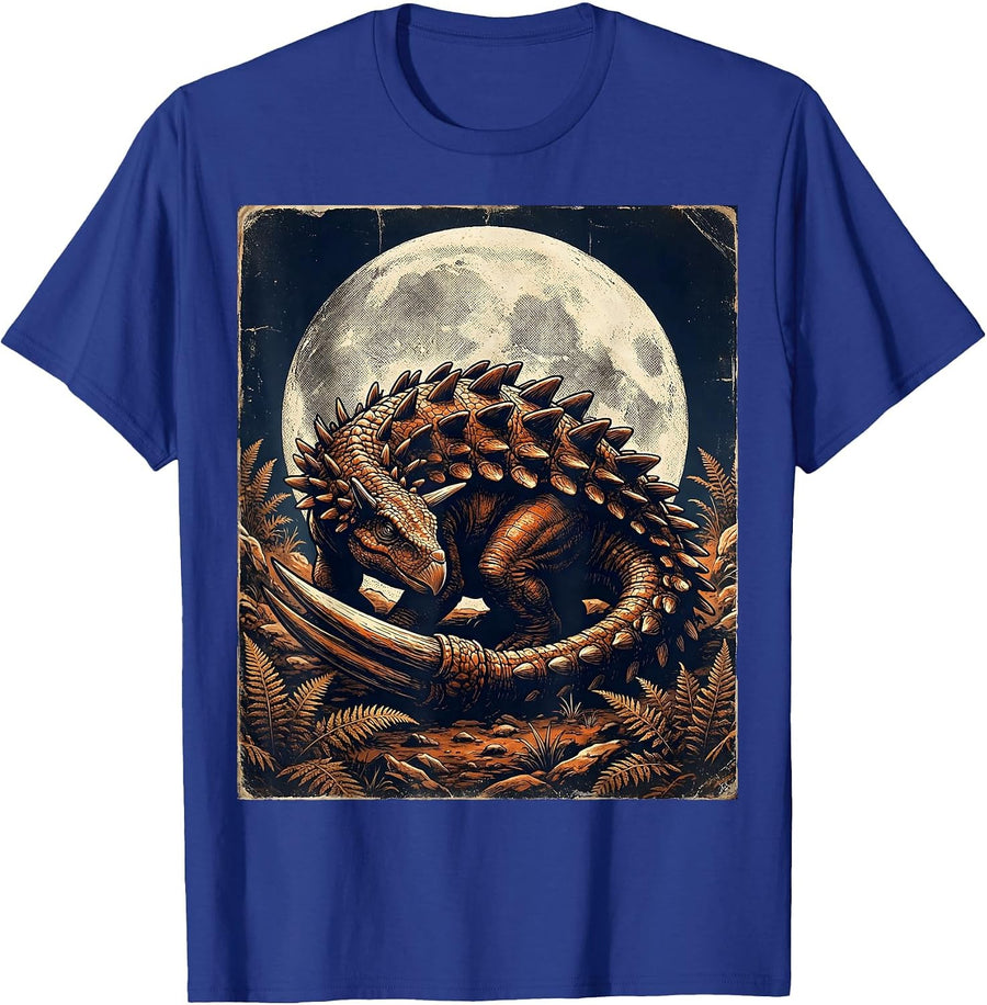 Ankylosaurus Moonlit Night Dinosaur Illustration T-Shirt - Royal Blue