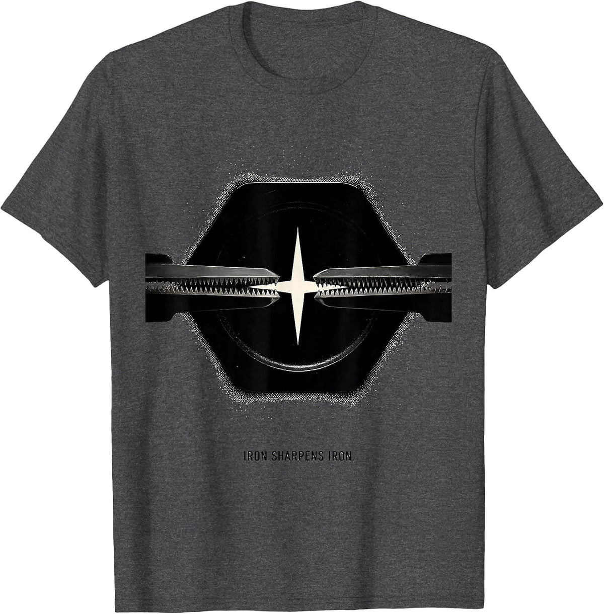 Iron Sharpens Iron Blackwork Dotwork Christian Gym Faith T-Shirt - Dark Heather Grey