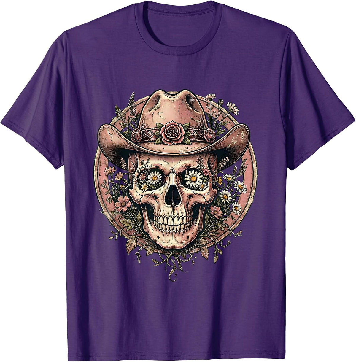 Men's Floral Skull Cowgirl Hat Western Graphic Design T-Shirt - Purple