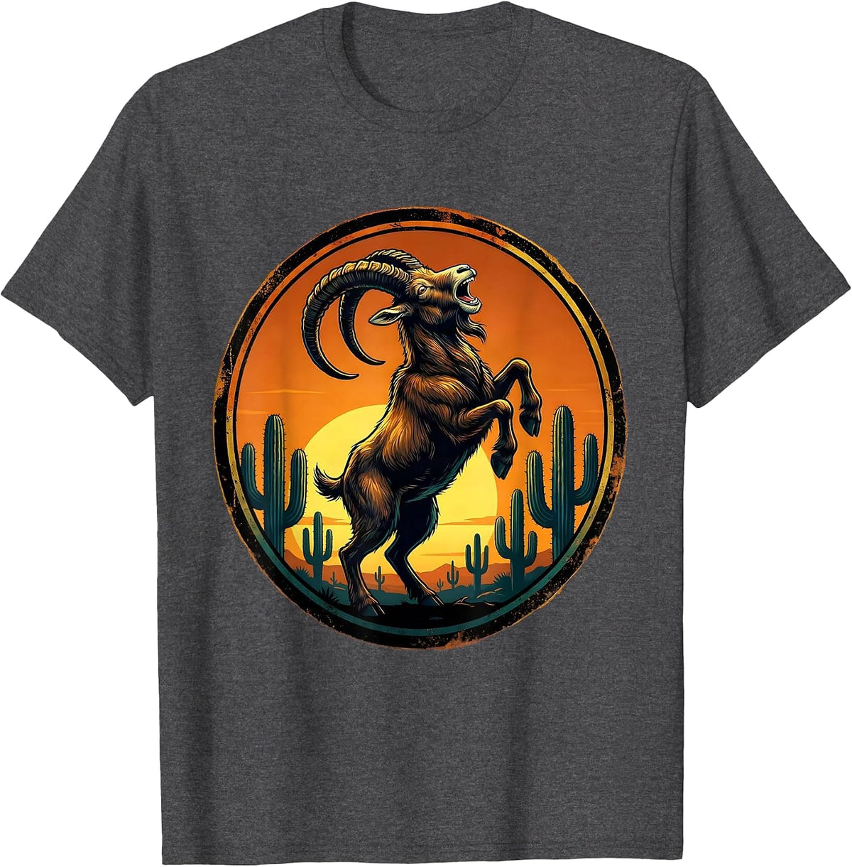 Men's Wild Goat Howling at Desert Sunset Sky T-Shirt - Dark Heather Grey