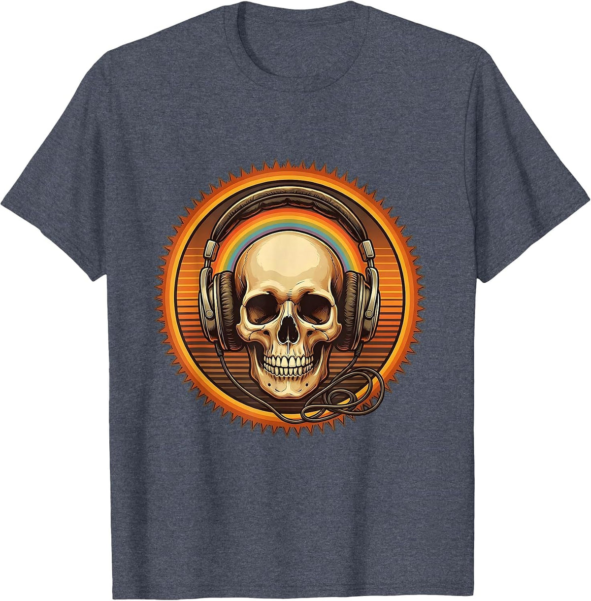 Skull Vintage Rock Headphones Graphic Tee T-Shirt - Heather Blue