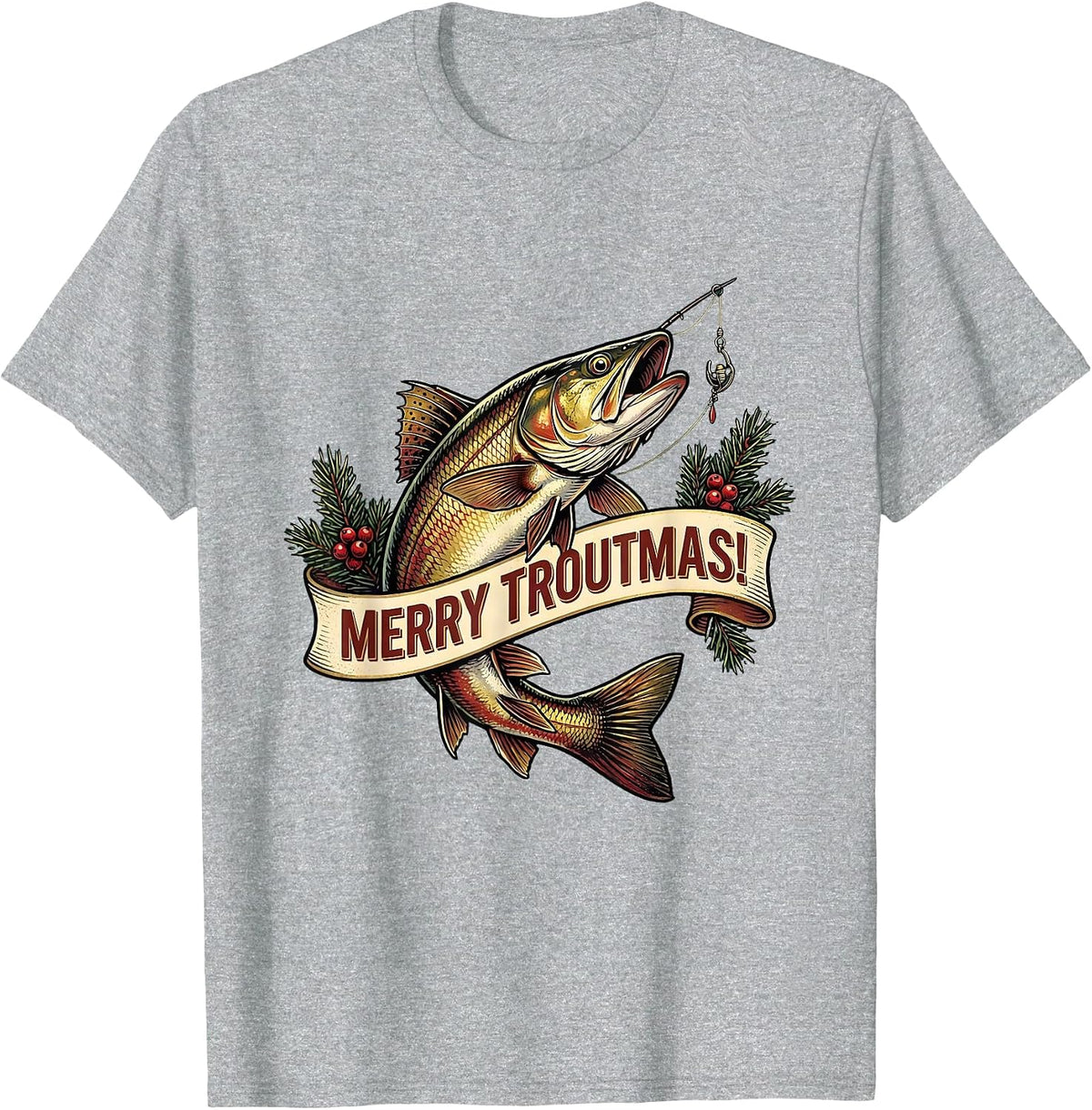 Men's Merry Troutmas! Funny Fishing Christmas Fisherman Holiday T-Shirt - Heather Grey