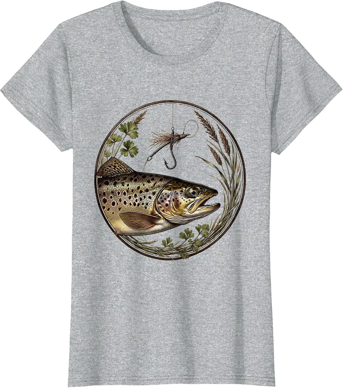 Fish Around and Find Trout Fishing Hook Illustration T-Shirt - Heather Grey
