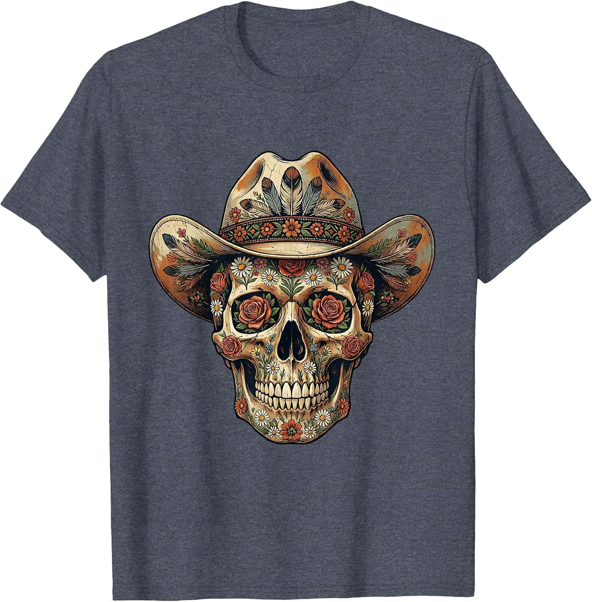 Floral Skull Wide Brim Hat Western Graphic Design T-Shirt - Heather Blue