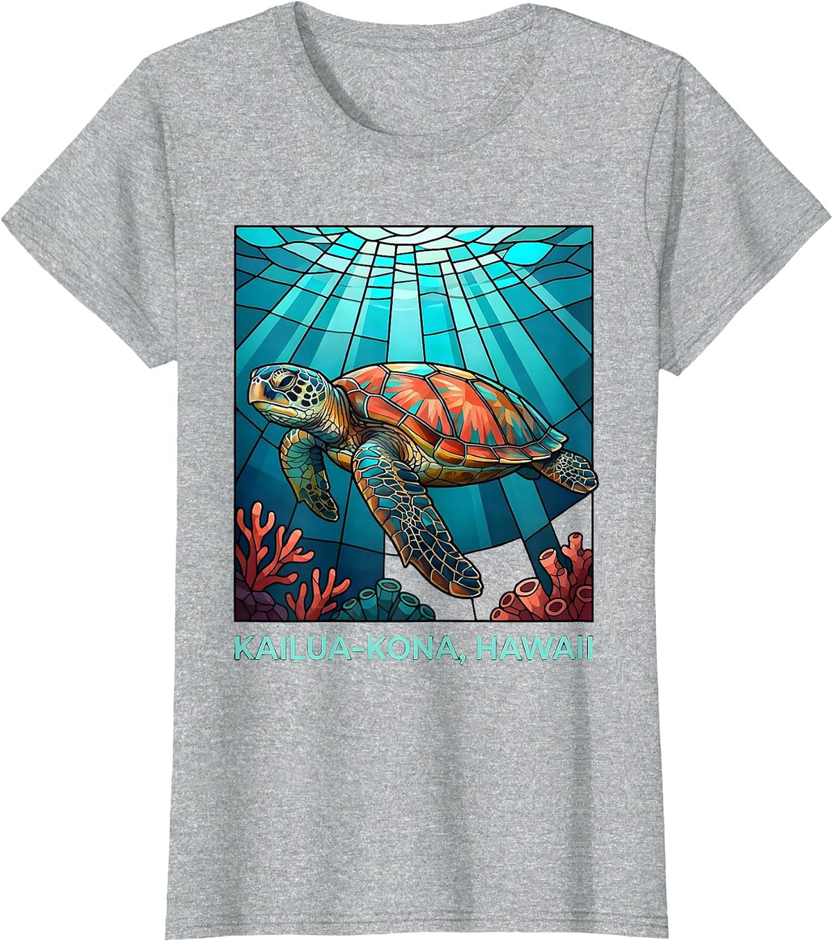 Women's Kailua-Kona, Hawaii Stained Glass Mosaic Sea Turtle Souvenir T-Shirt - Heather Grey