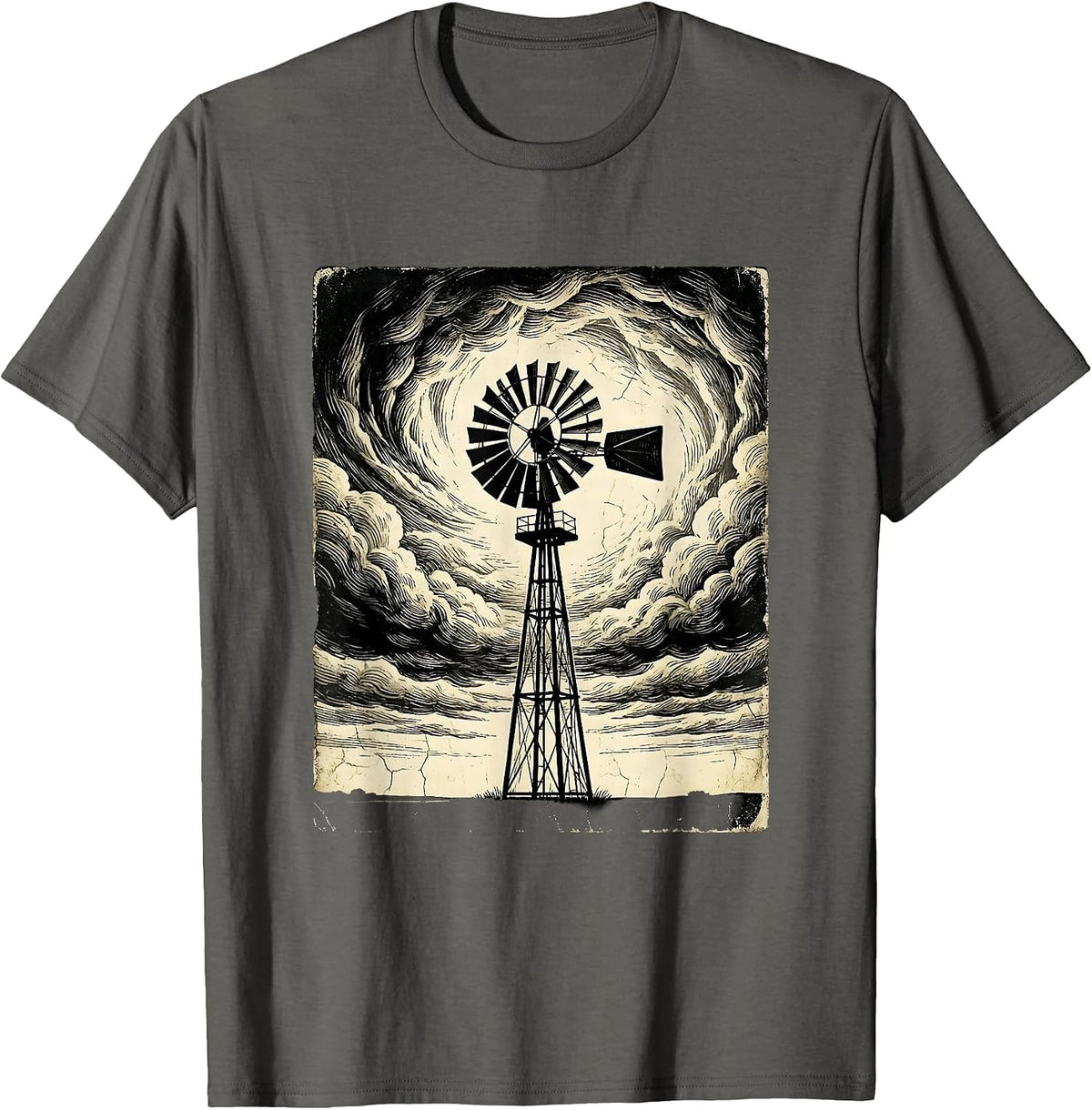 Lone Windmill Storm Clouds Dramatic Sky Art T-Shirt - Asphalt Grey