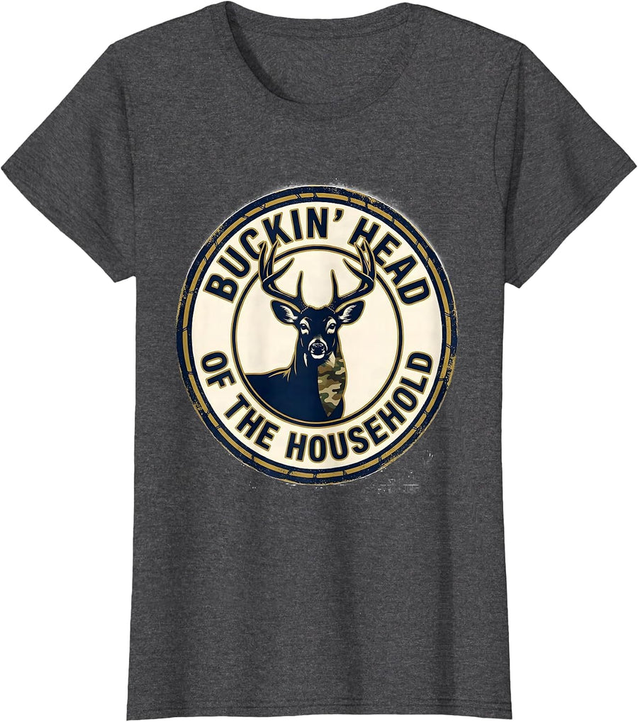 Women's Buckin' Head Of The Household Funny Deer Hunting Camo Dad T-Shirt - Dark Heather Grey