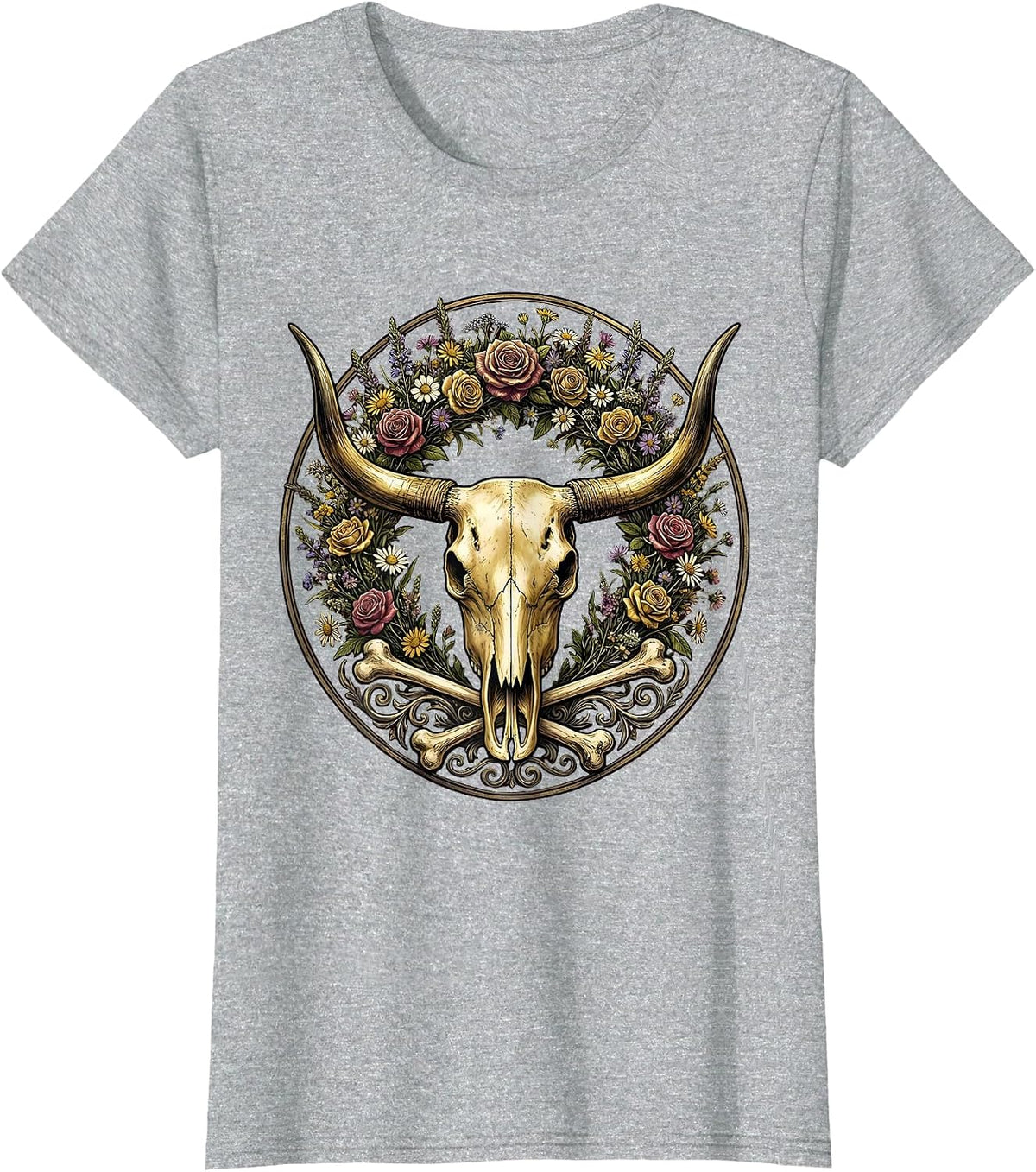 Cattle Skull Floral Crown Western Cowboy Design T-Shirt - Heather Grey