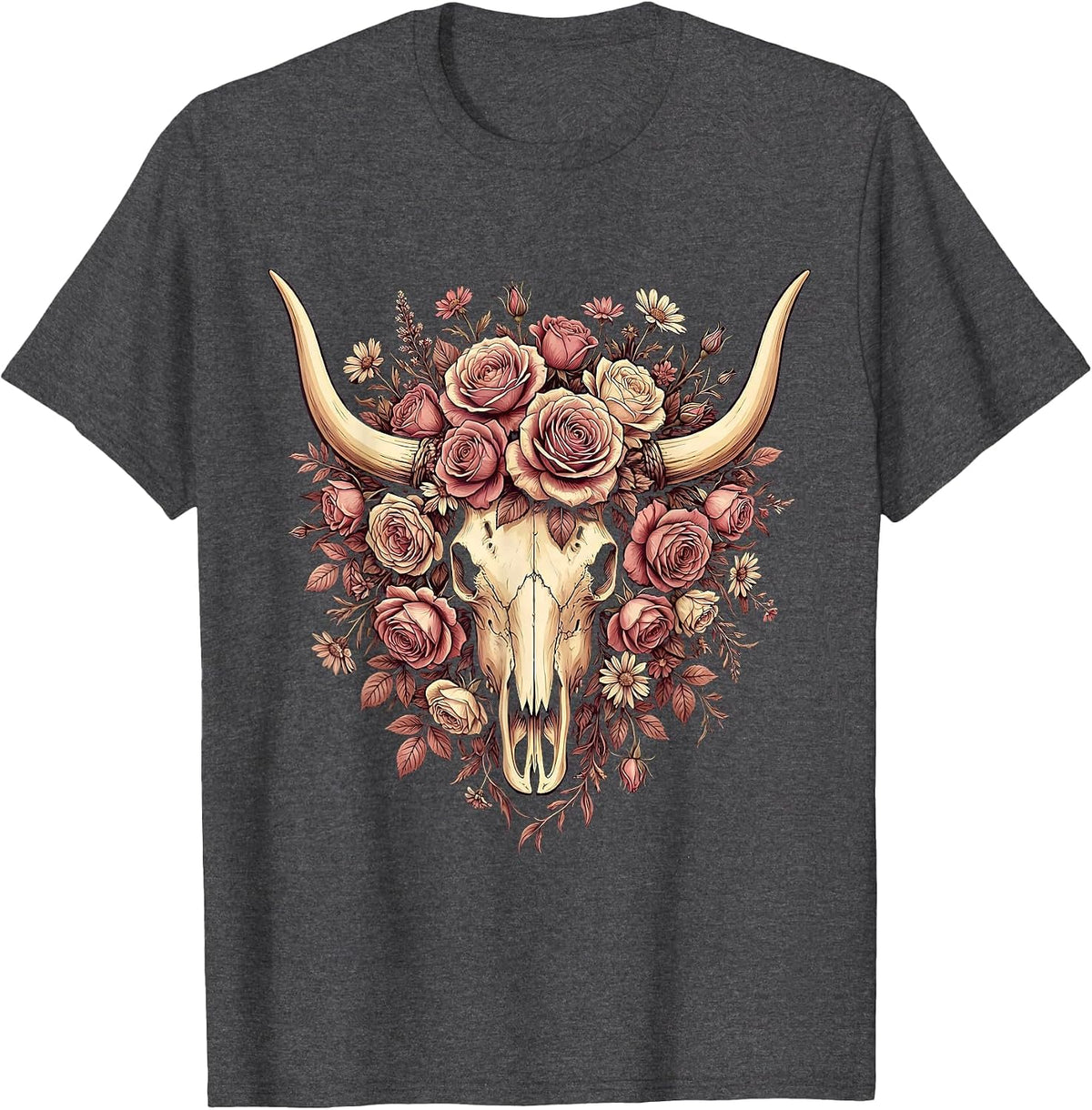 Longhorn Skull Flower Crown Western Boho Design T-Shirt - Dark Heather Grey