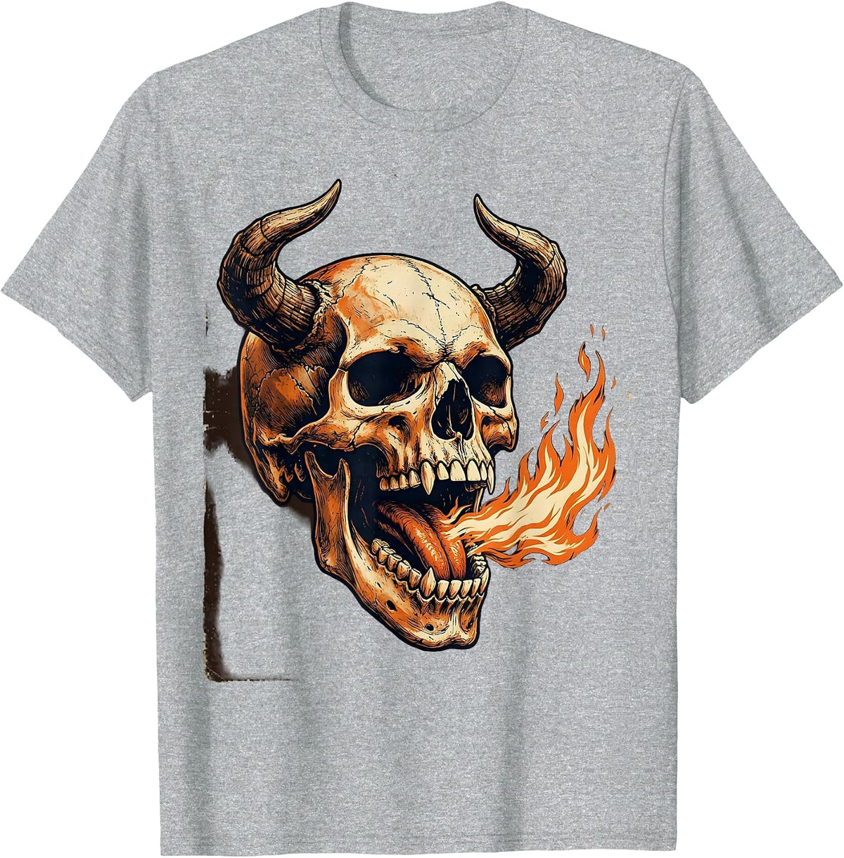 Men's Horned Demon Skull Fire Breathing Dark Art Design T-Shirt - Heather Grey