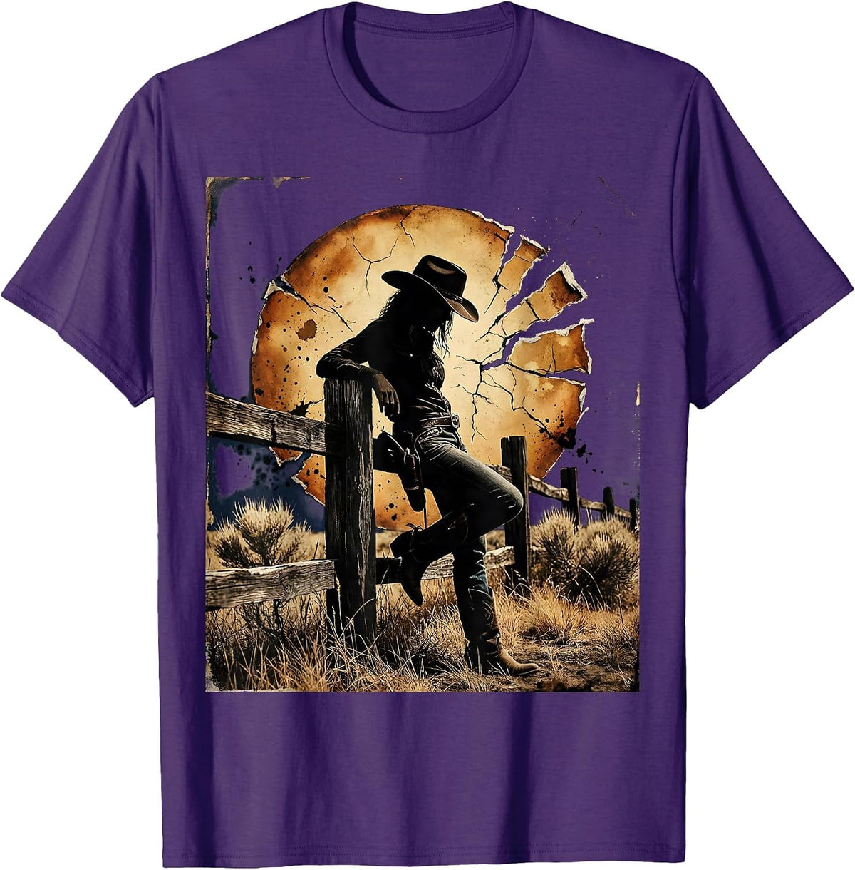 Men's Cowgirl Leaning on Fence Sunset Rodeo Design T-Shirt - Purple
