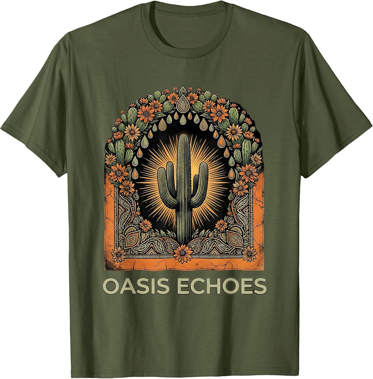 Oasis Echoes Boho Summer Casual Southwest Souvenir T-Shirt - Olive Green