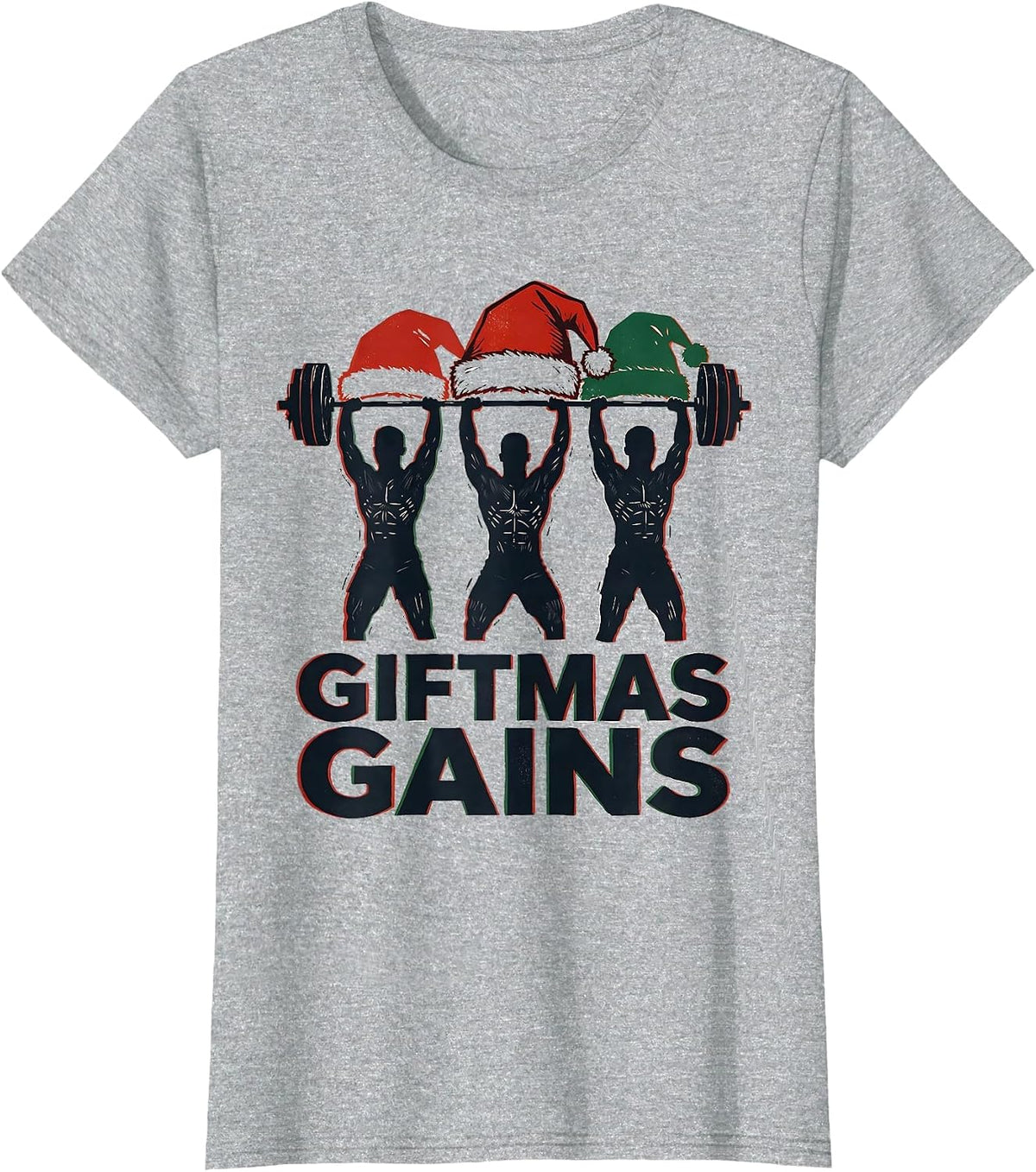 Women's Giftmas Gains Linocut Funny Christmas Gym Weightlifting T-Shirt - Heather Grey