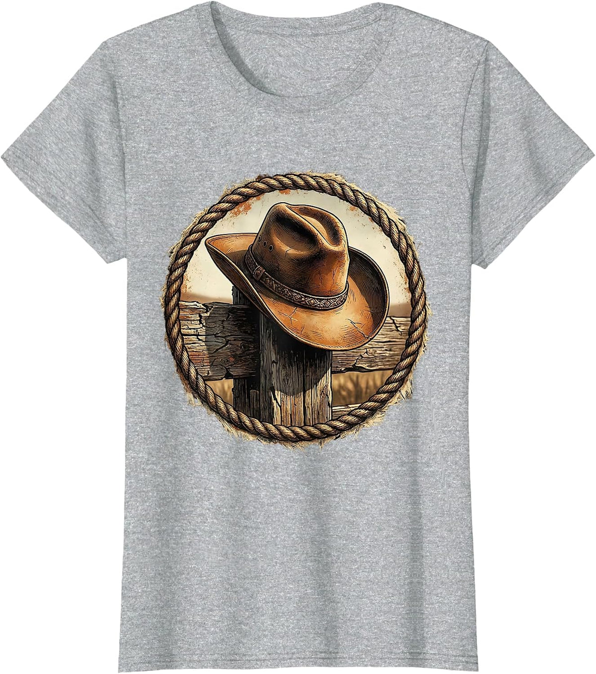 Cowgirl Hat on Wooden Post Rodeo Illustration T-Shirt - Heather Grey