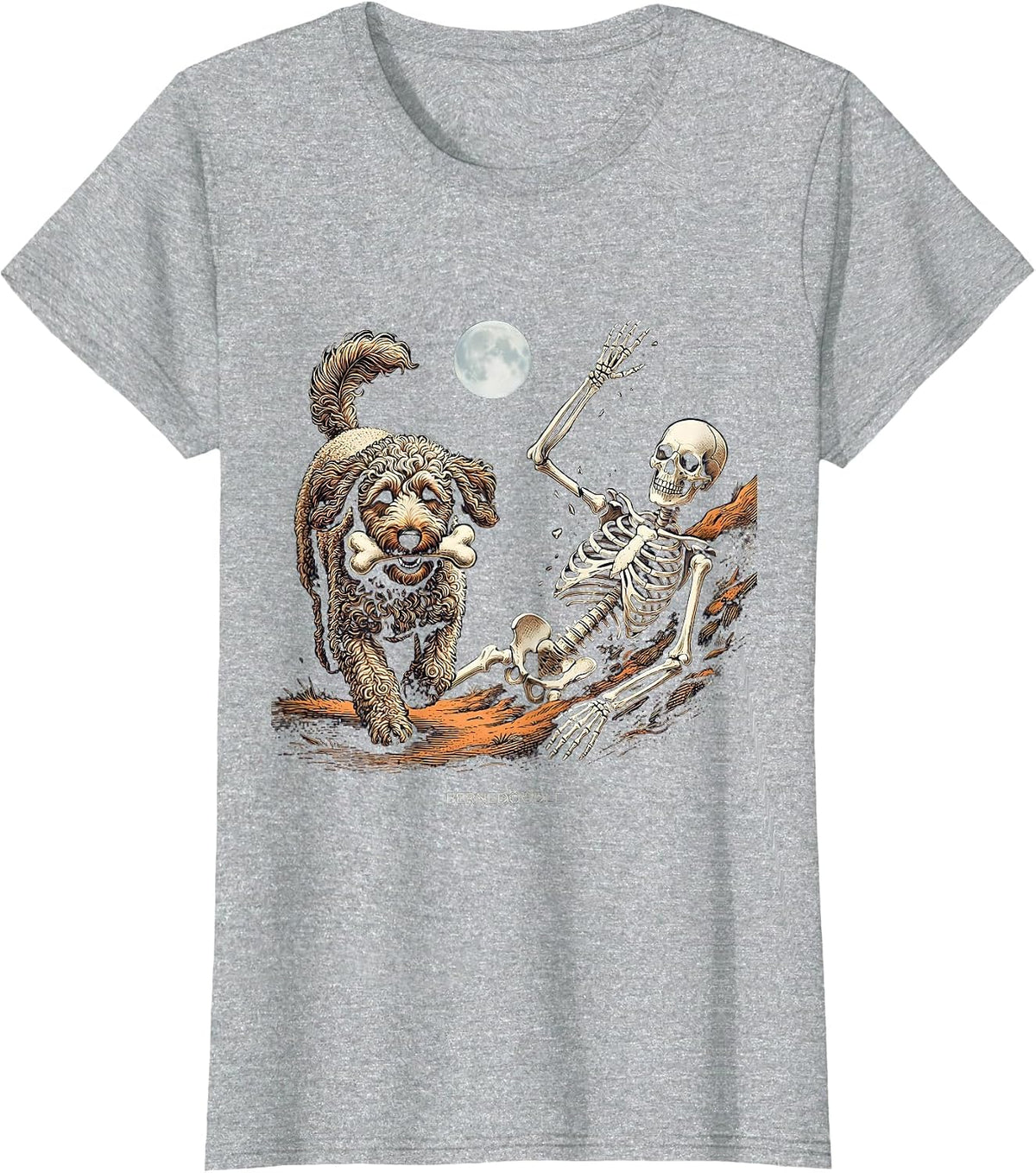 Women's Bernedoodle Funny Skeleton Chasing Halloween Dog Mom Pet T-Shirt - Heather Grey