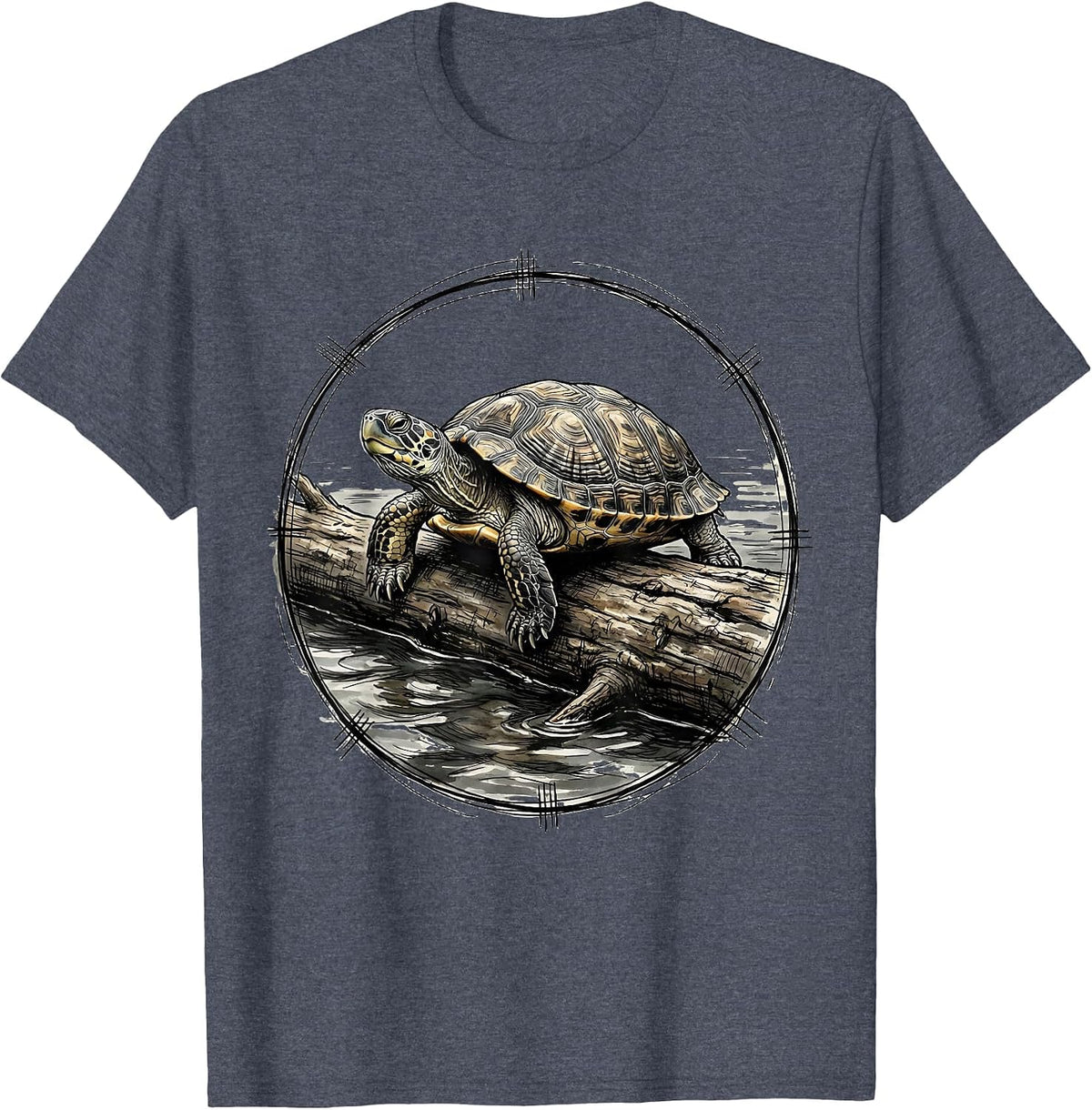 Calm Turtle Resting on a Drifting Log T-Shirt - Heather Blue