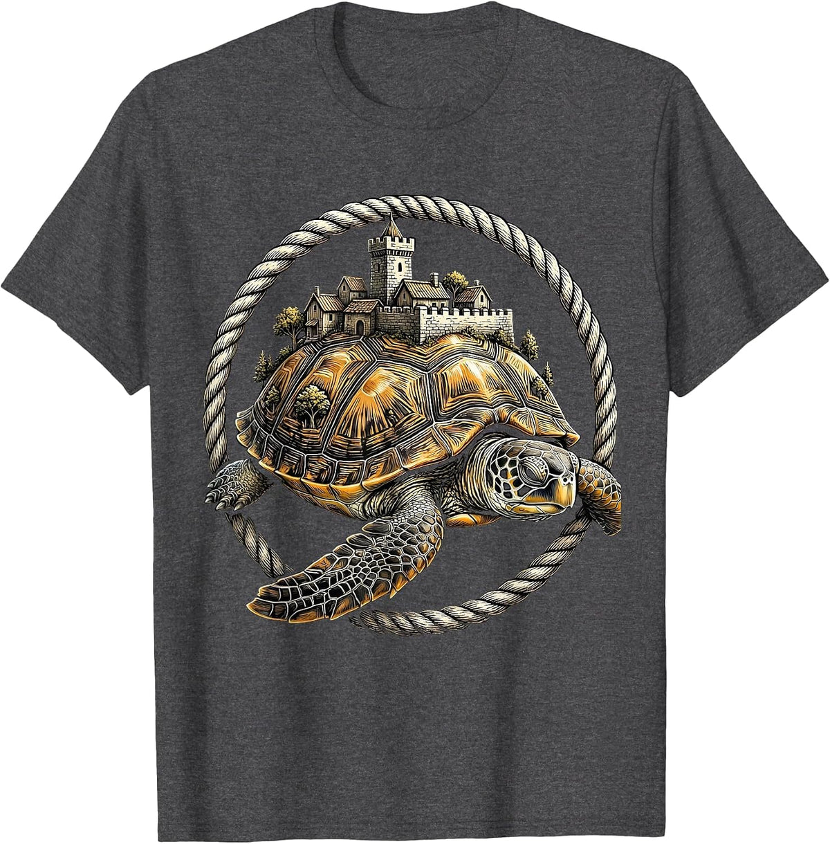 Men's Turtle Carrying a Tiny Village on Its Shell T-Shirt - Dark Heather Grey
