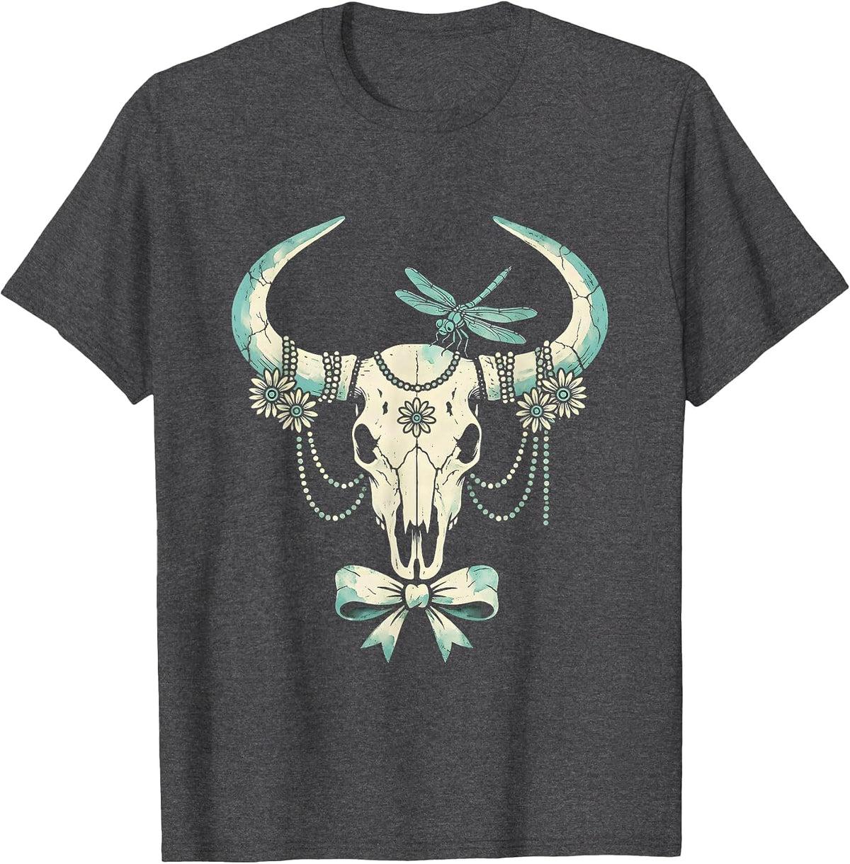 Longhorn Skull with Turquoise Beads Western Design T-Shirt - Dark Heather Grey