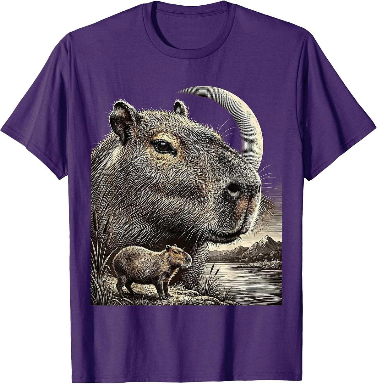 Capybara Double-Exposure Moonlit Spirit Portrait T-Shirt - Purple