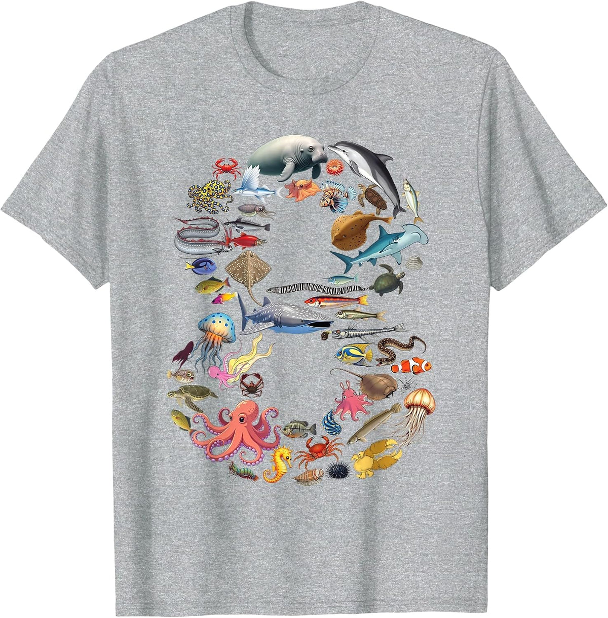 8 Years Old 8th Birthday Sea Ocean Animals Figures Number 8 T-Shirt - Heather Grey