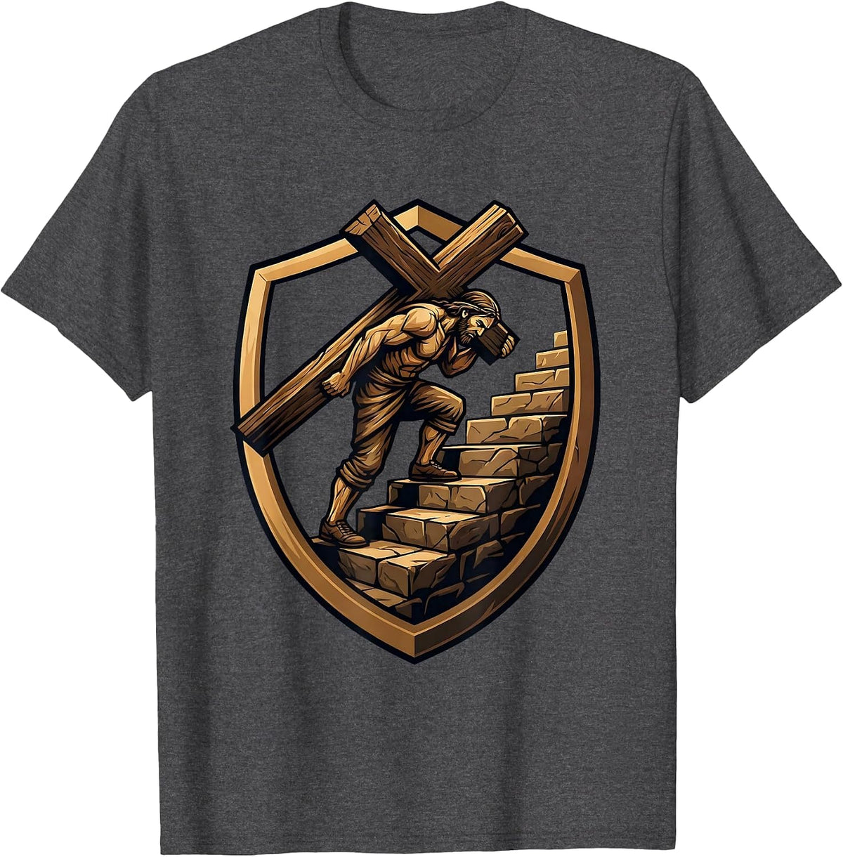Carrying the Cross Up Stone Steps Christian Design T-Shirt - Dark Heather Grey