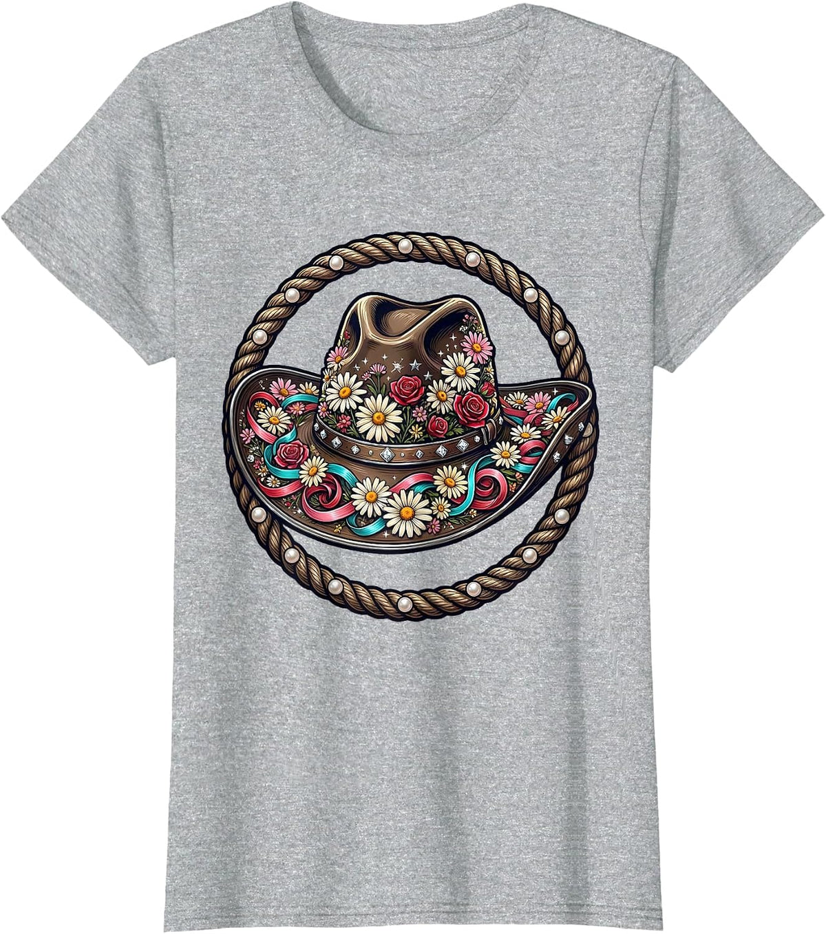 Women's Wildflower Cowgirl Hat Western Graphic T-Shirt - Heather Grey