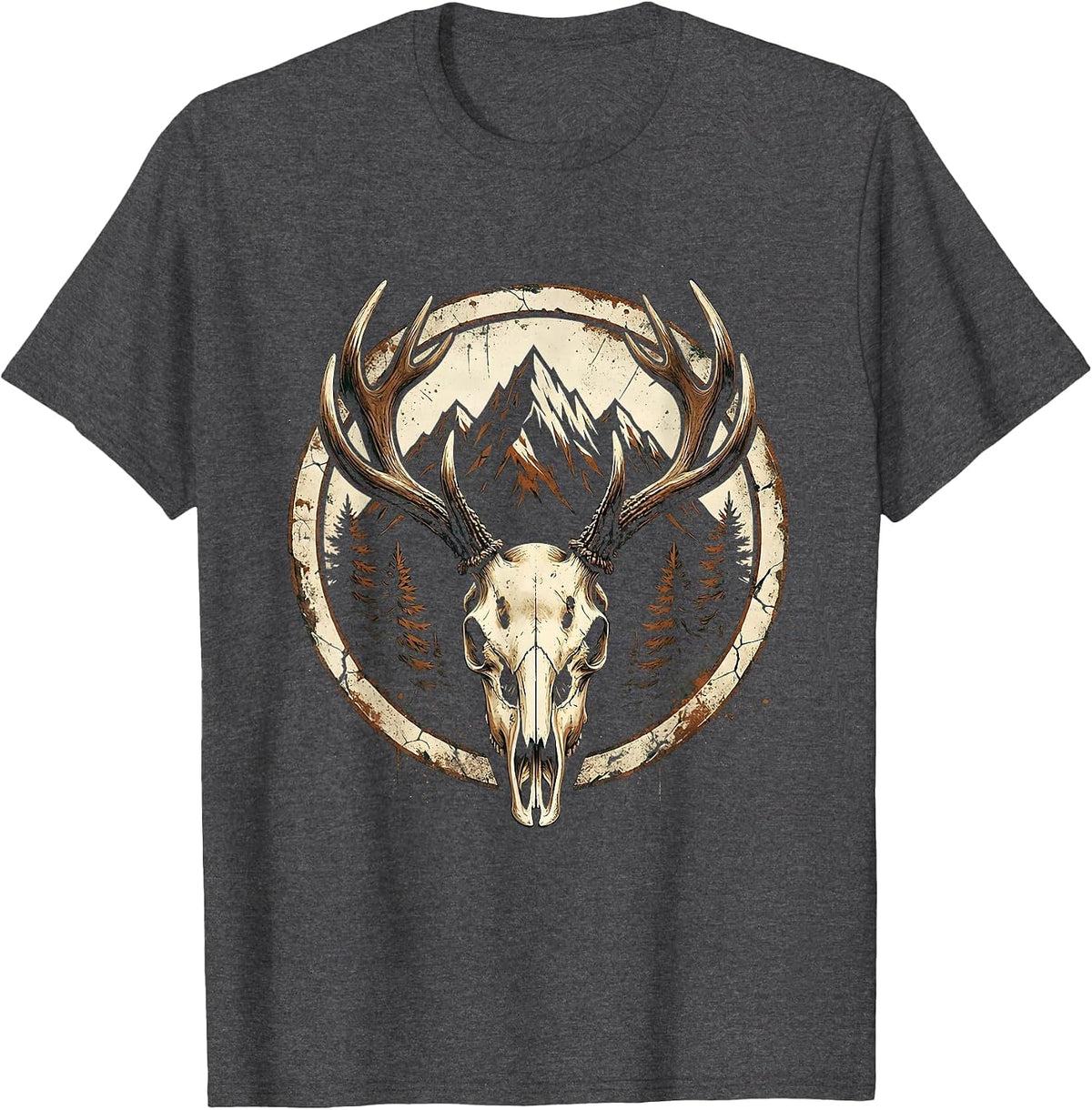 Deer Antler Mountain Peaks Hunting Design T-Shirt - Dark Heather Grey