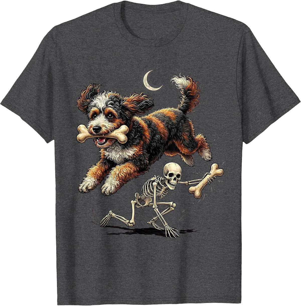 Men's Curly-Coated Bernedoodle Skeleton Chasing Halloween Humor T-Shirt - Dark Heather Grey