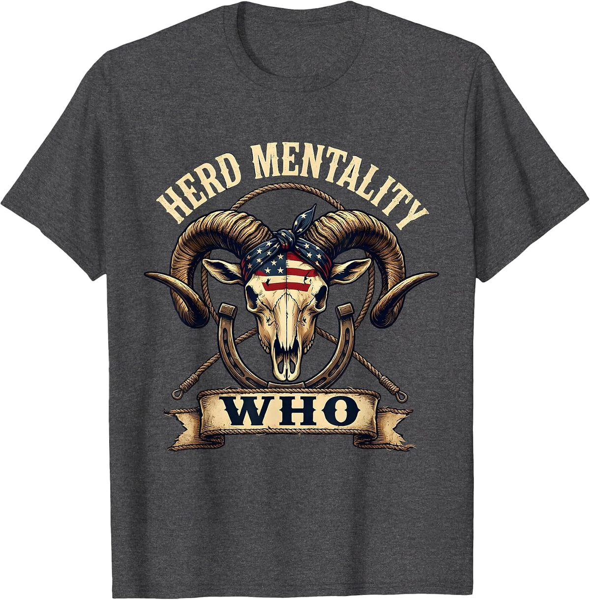 Men's Herd Mentality Who Funny Goat Design T-Shirt - Dark Heather Grey