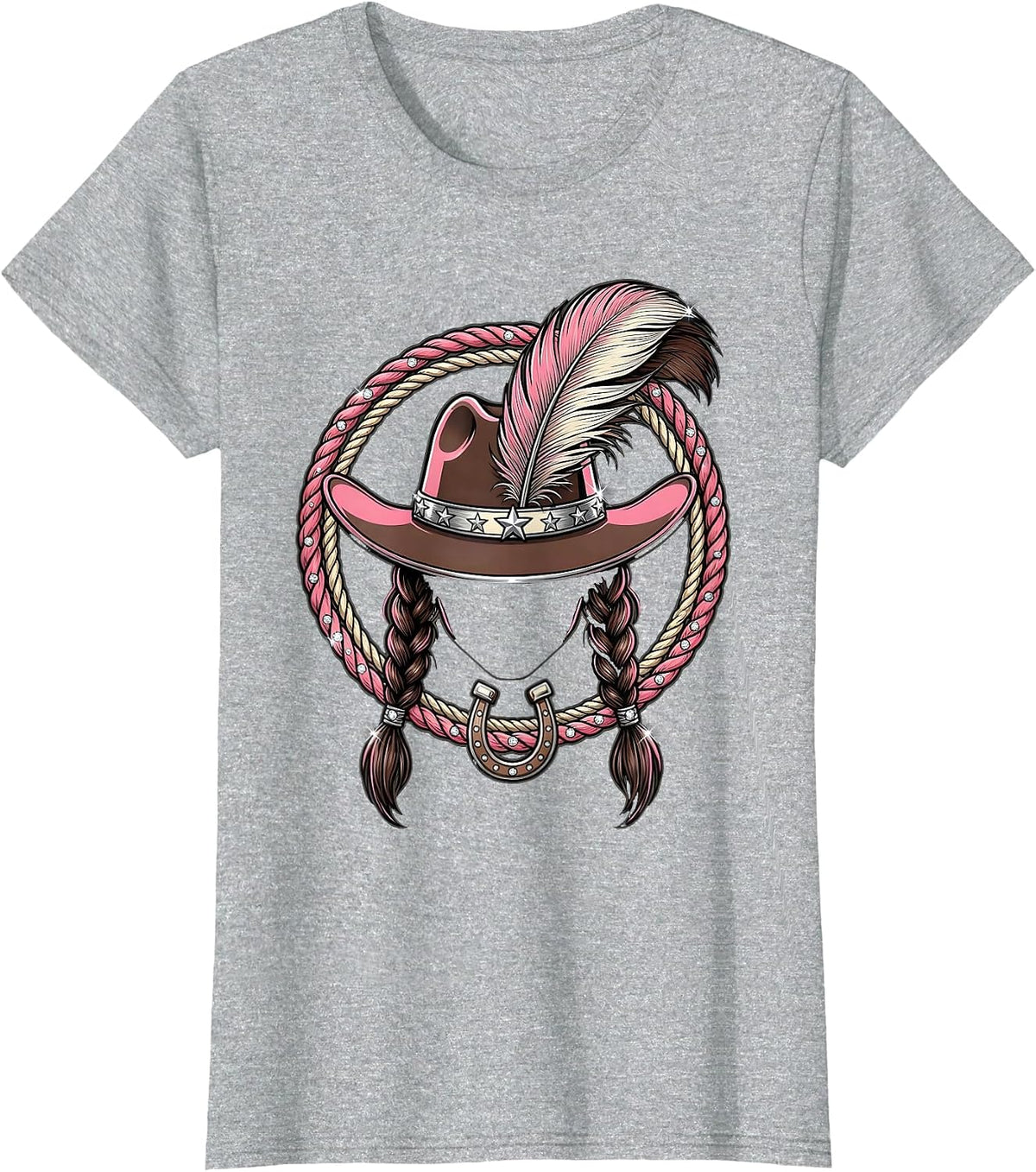 Braided Cowboy Feathered Hat Western Illustration T-Shirt - Heather Grey