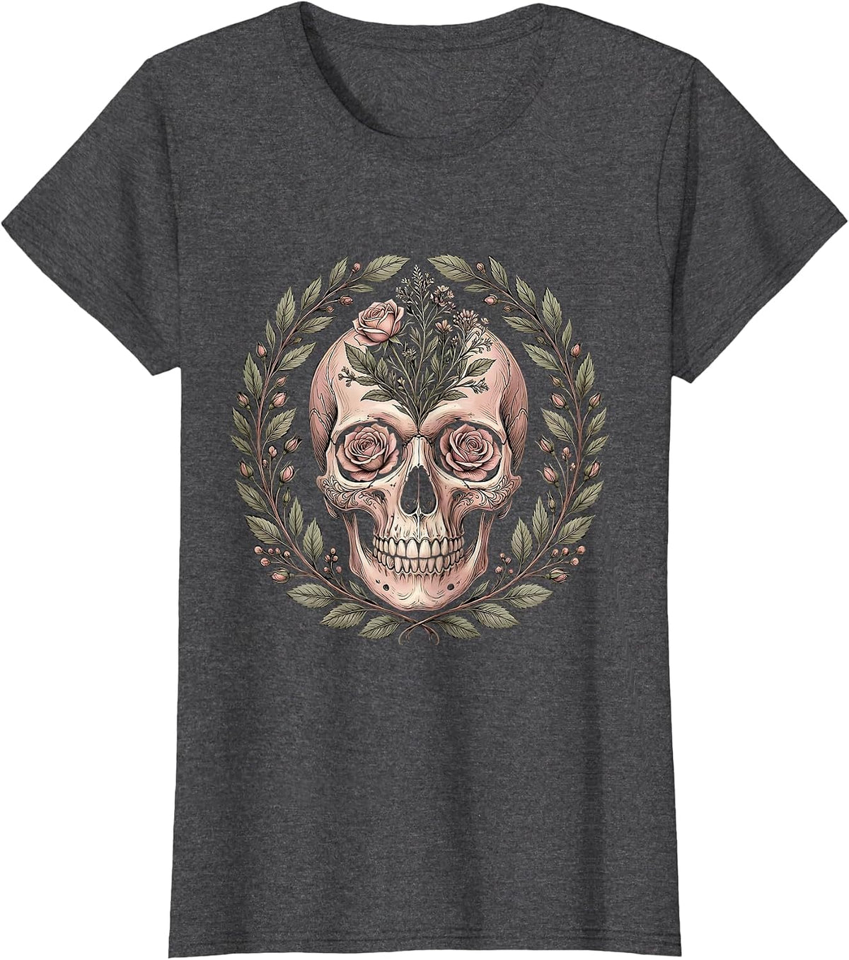 Women's Floral Skull Howdy Western Gothic Design T-Shirt - Dark Heather Grey